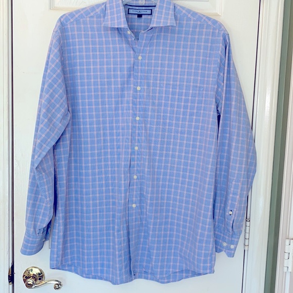 TOMMY HILFIGER Long Sleeve Dress Shirt Red/White/Blue Print with extra button - Picture 2 of 6